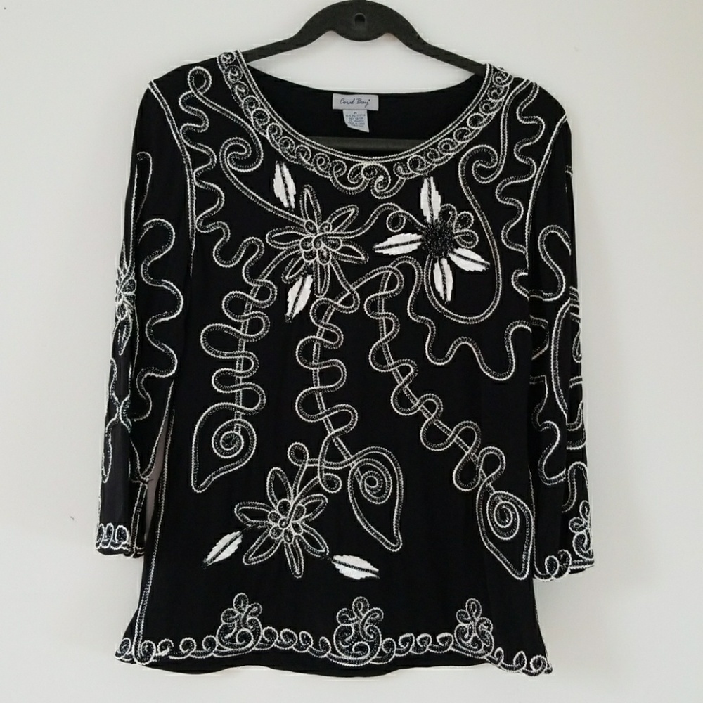 Coral Bay black embellished 3/4 sleeve lined Top